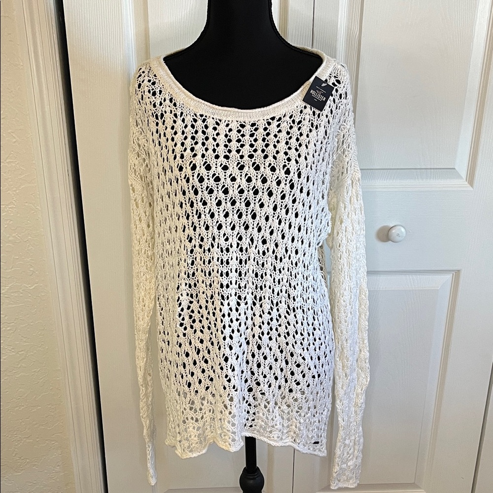 Hollister Cream Ivory Open Weave Crochet Knit Long Sleeve Sweater Large NWT